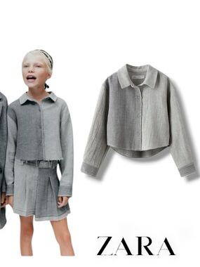 ZARA Kids Light Gray Frayed Cropped Button-Down Shirt NWT Size 10